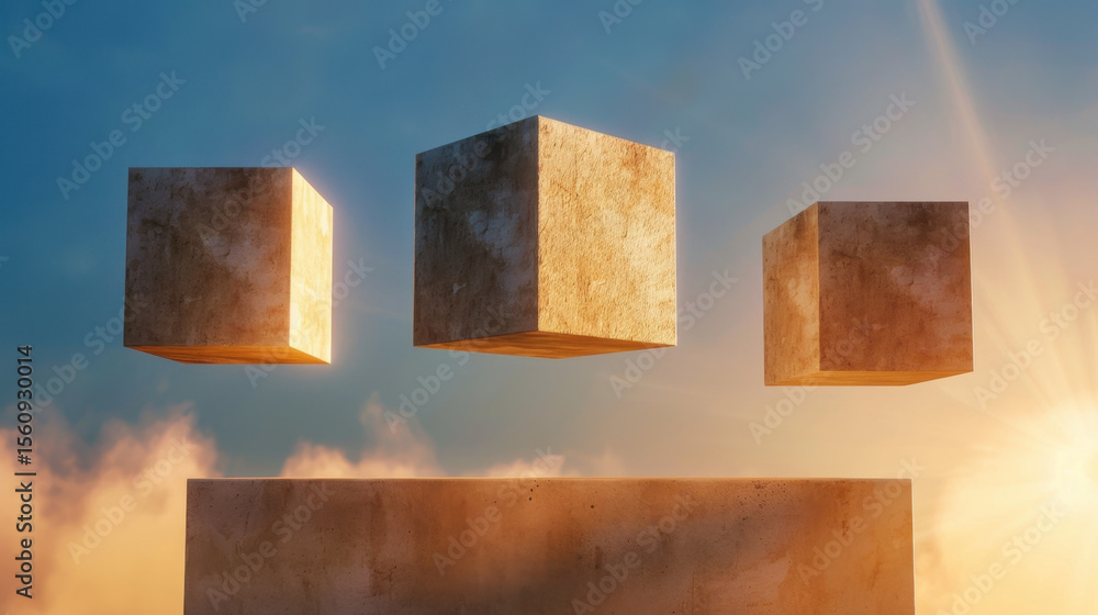 Poster floating isometric cubes casting soft shadows on textured surface, creating serene atmosphere at sun