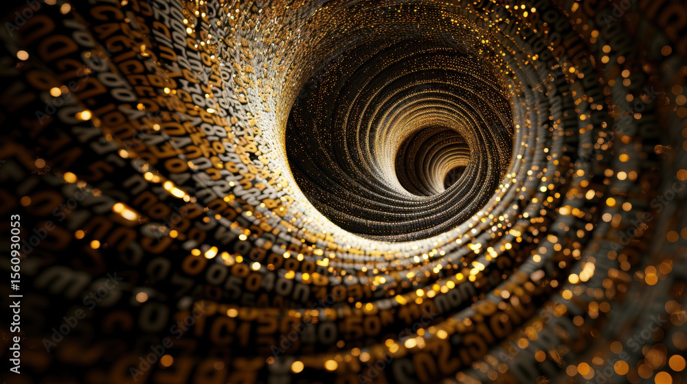 Poster swirling numeric values create mesmerizing data spiral, evoking sense of depth and wonder in digital