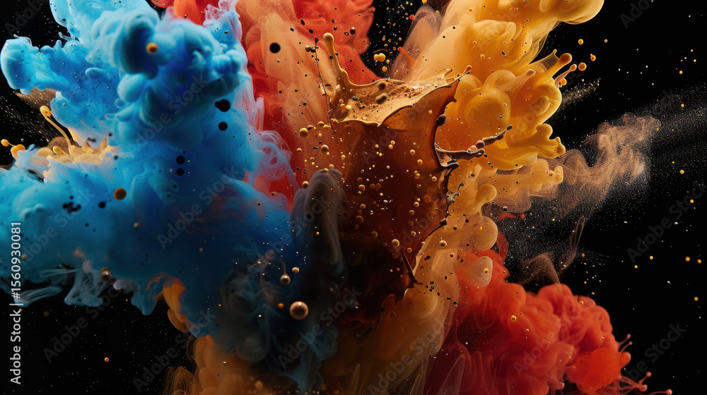Poster vibrant explosion of colorful particles in blue, orange, and red, creating dynamic and energetic vis