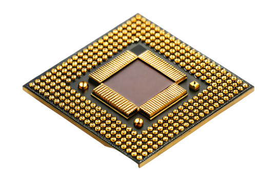 Close up macro view of a gold pin computer processor chip with a dark square center isolated on a transparent background
