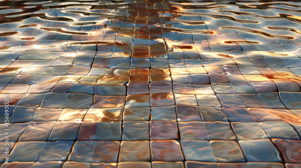 Poster smooth reflective surface with gentle ripples creating serene atmosphere, showcasing mosaic of color
