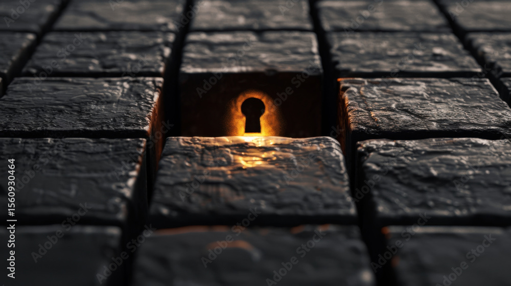Poster glowing keyhole surrounded by textured dark blocks creates mysterious atmosphere, inviting curiosity