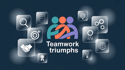 Teamwork triumphs with icons of collaboration and success on a dark blue backdrop
