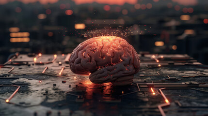 Glowing digital brain emits data streams, symbolizing advanced technology and intelligence in futuristic cityscape