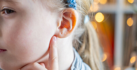 Close-up detail young children's ear, poor hearing, Ear Discomfort, sound wave, Hearing Test,...
