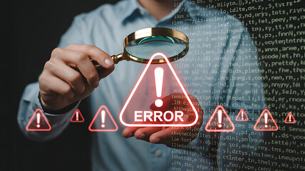 A person holding a magnifying glass over an error message on a screen display