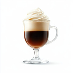 Delicious coffee with whipped cream in clear glass cup, on white background.