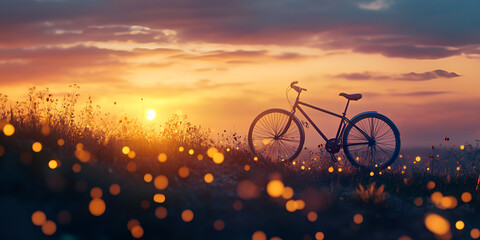 Bicycle Silhouette in Sunset Meadow with Dreamy Glowing Lights

