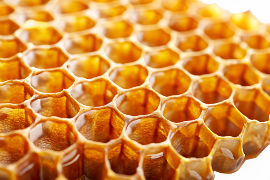 Close up of golden honeycomb cells filled with liquid honey illuminated by warm light isolated on a transparent background - Powered by Adobe