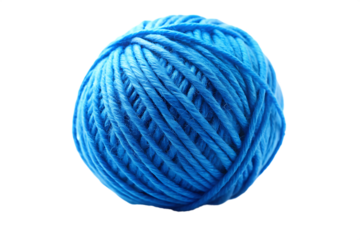 Close up shot of a bright blue yarn ball with detailed texture on a black background isolated on a transparent background