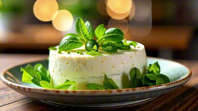 White cheese block garnished with fresh basil leaves served on a rustic ceramic plate with blurred kitchen background. Concept of organic food, dairy production, restaurant menu.