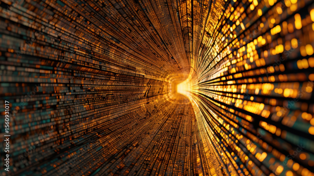 Poster vibrant visual representation of digital tunnel, showcasing fast moving binary data streams shades o
