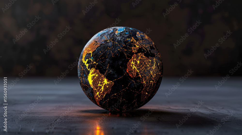 Poster glowing interactive data sphere representing earth with vibrant colors and intricate patterns, symbo