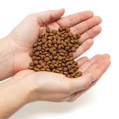 Hands holding pet food dog food nutrition animal feed kibble diet