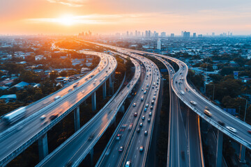 Fototapeta premium Scenic Aerial View of Busy Urban Highway Interchange During Sunset with Heavy Traffic Flow
