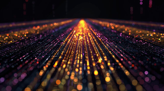 Vibrant digital landscape with glowing particles creating sense of depth and movement, evoking feeling of energy and innovation