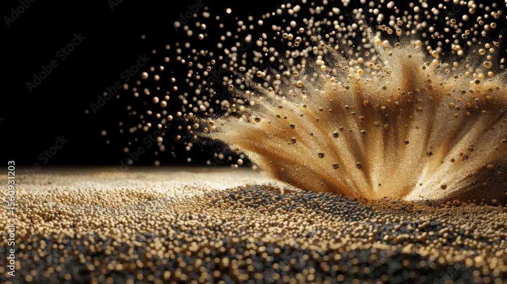 Poster dynamic explosion of fine particles creates stunning visual effect, showcasing interplay of light an