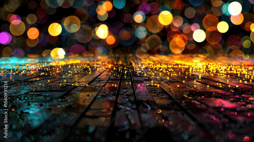 Poster vibrant scene of colorful bokeh lights reflecting on wet surface, creating mesmerizing atmosphere of