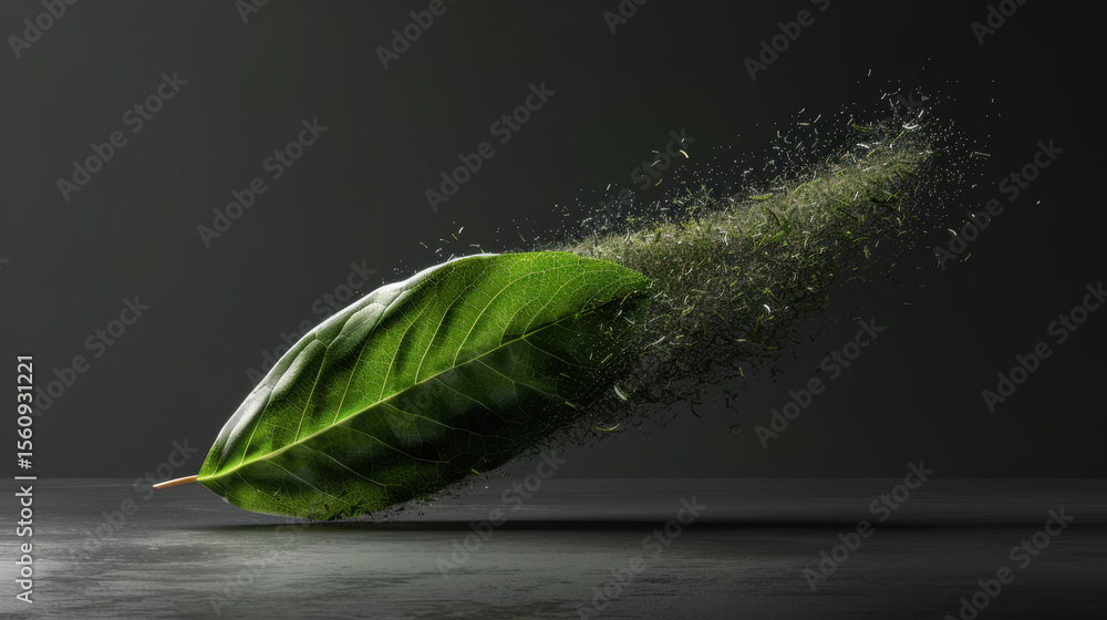 Poster vibrant green leaf disintegrating into tiny particles, symbolizing fusion of nature and technology i