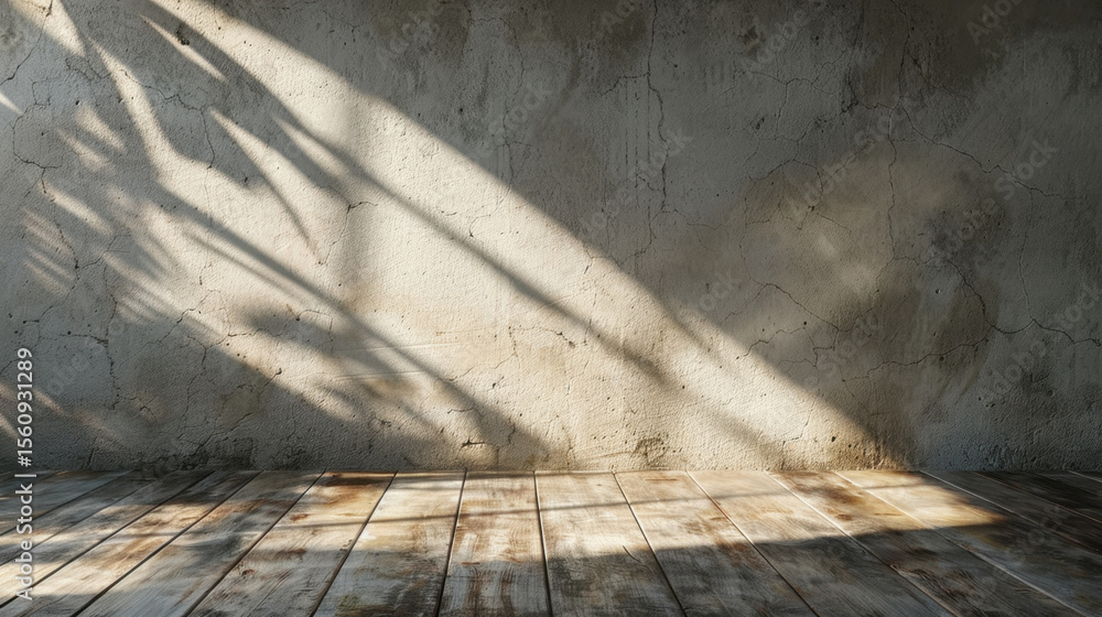 Poster textured wall with light and shadow creating patterns on wooden floor, evoking serene atmosphere