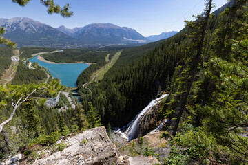 View and waterfall from Grassi Lakes Trail in Alberta, Canada