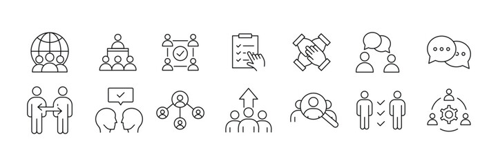 Set of Partnership line icon collection. Business, agreement, cooperation, conversation, teamwork, work group symbol.