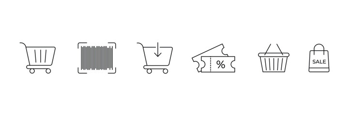 Set of online shopping related line icon collection. Discount, buy, shopping cart, ticket symbol.
