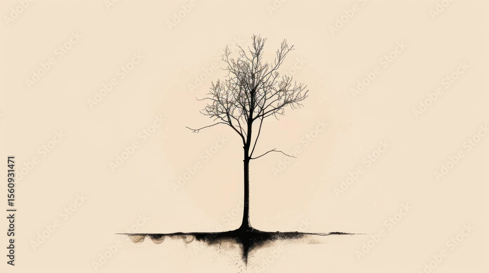 Aufkleber minimalist line art tree stands centered on soft background, evoking sense of tranquility and simpli
