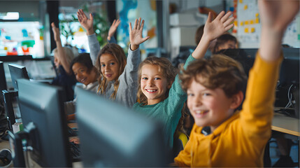 group of smiling kids using computers in a school tech room with colorful decor