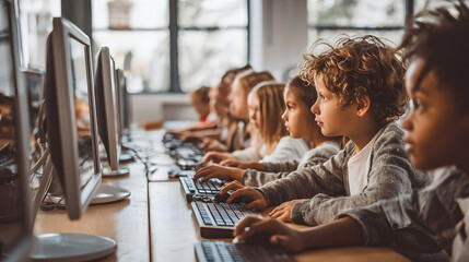 group of diverse kids working on desktop computers in a bright modern computer lab