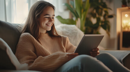 Naklejka premium smiling girl sitting cross-legged on a couch watching an online class on a tablet