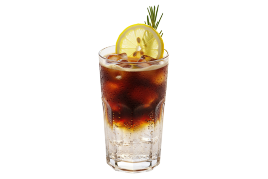 iced espresso tonic coffee with a lemon and rosemary garnish