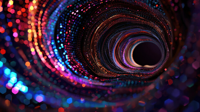 Mesmerizing tunnel of vibrant light trails creates stunning visual effect, resembling data stream network in futuristic setting