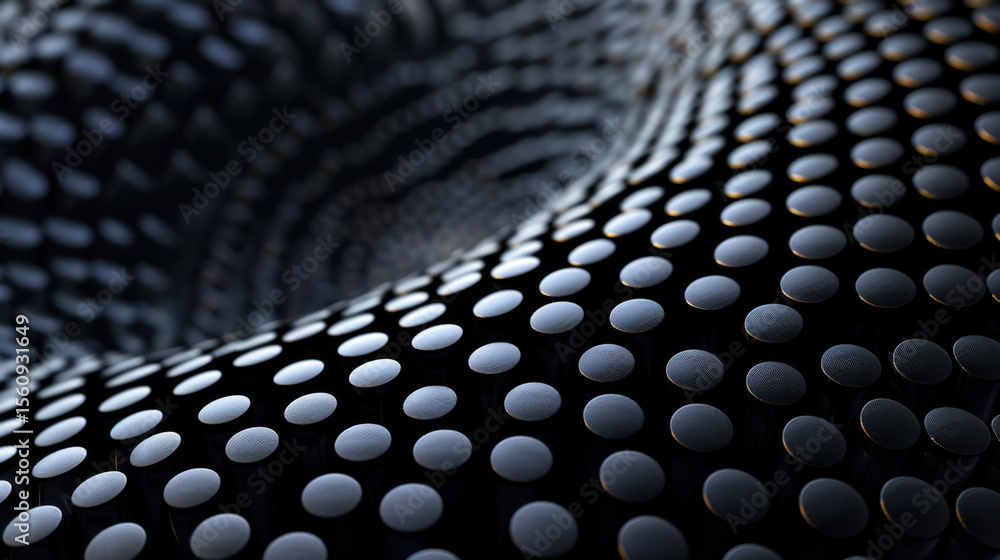 Poster mesmerizing array of minimal floating dots forms curved path, creating captivating visual effect. sm
