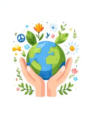 earth held in two gentle hands with peace signs and flowers around, international unity and harmony concept, flat vector style, soft pastel palette,