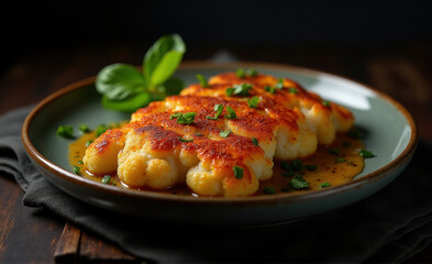 roasted cauliflower steak on dark background