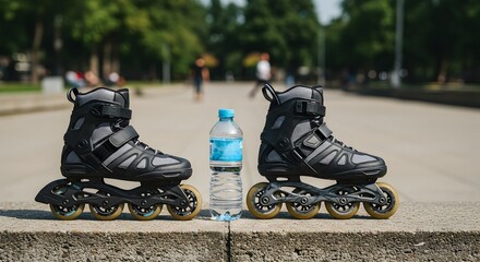 Inline Skates and Water Bottle in Outdoor Setting on Sunny Day