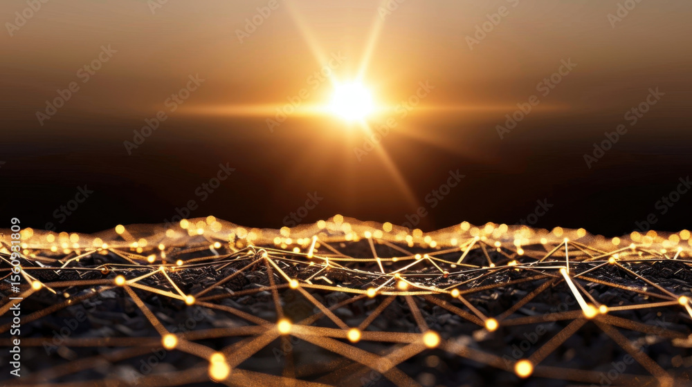 Poster glowing network of interconnected lines and dots against warm sunset backdrop creates captivating mi