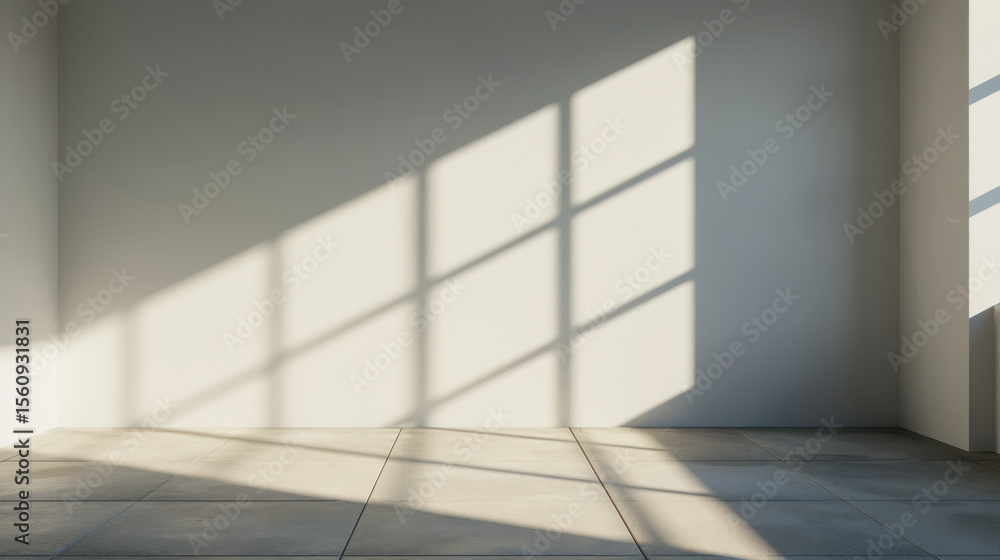 Poster minimalistic interior space with soft shadows cast by window, creating serene atmosphere. light enha