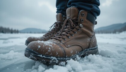Snow-covered Boots on Icy Terrain During Winter Exploration in a Mountainous Landscape