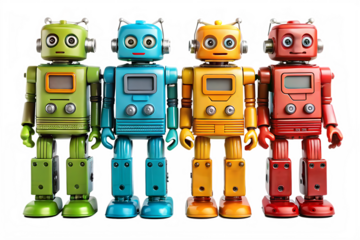 Four retro toy robots in green blue yellow and red standing in a row isolated on a transparent background