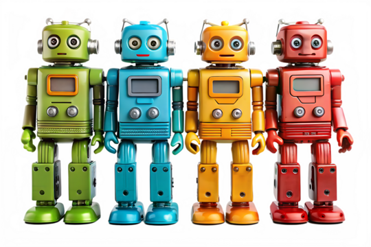 Four retro toy robots in green blue yellow and red standing in a row isolated on a transparent background