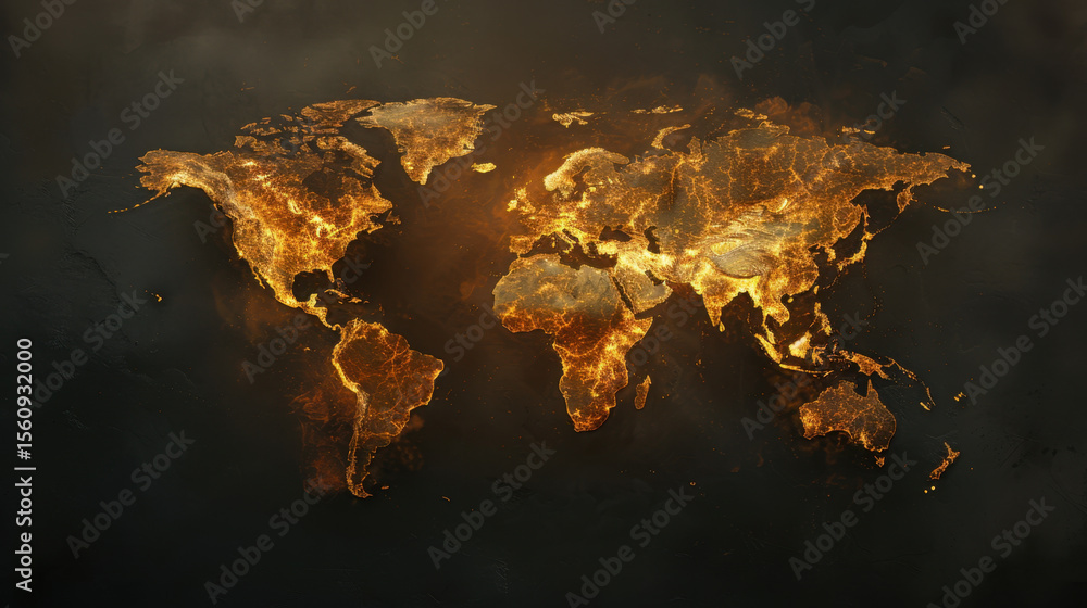 Poster glowing world map illuminated with fiery colors, showcasing data intensity across continents, creati