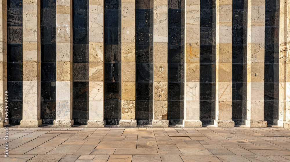Poster striking wall featuring alternating vertical stripes of light and dark stone, creating balanced and 