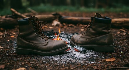 Boots Beside Campfire in Forest Setting Adventure