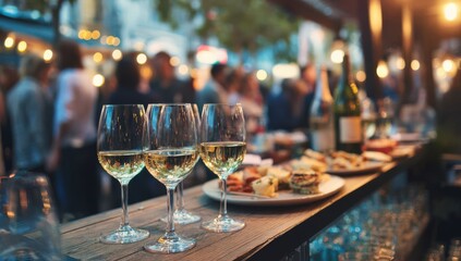 Elegant gathering featuring drinks and snacks, with people socializing in a vibrant urban coffee shop, showcasing a bar counter adorned with various shots of white wine.