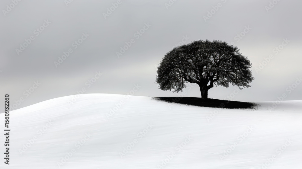 Poster solitary tree stands in open white field under pale sky, creating serene and tranquil atmosphere