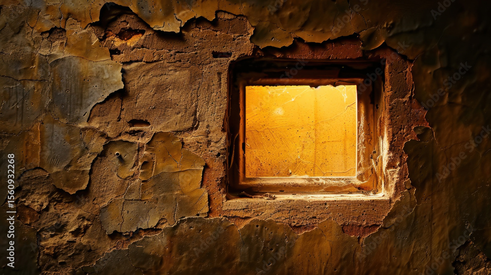 Aufkleber weathered wall with peeling paint features small window that allows warm light to filter through, cr
