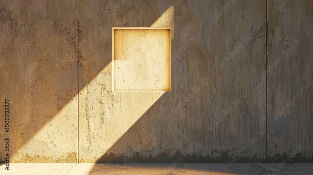 Poster minimalistic wall with square opening allows soft light to filter through, creating serene atmospher