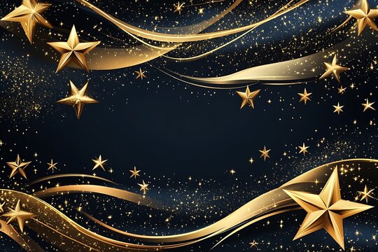 Banner de Natal com fitas e estrelas douradas, fundo escuro. Festividades de final de ano, natalino, cart&atilde;o sauda&ccedil;&otilde;es. Banner website, fundo de tela, prote&ccedil;&atilde;o de tela.


